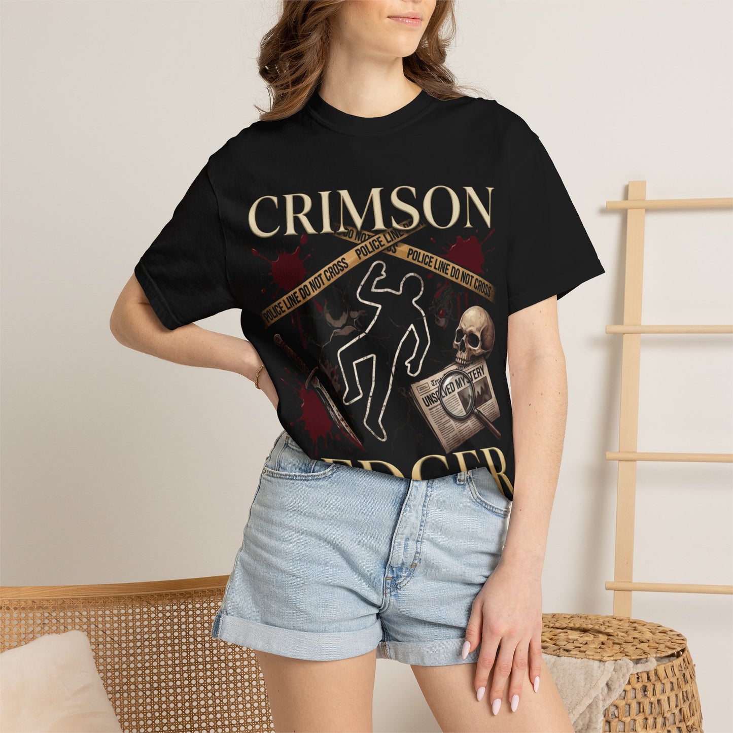 Crimson Ledger graphic T-Shirt | crime scene skull chalk outline, vintage detective theme