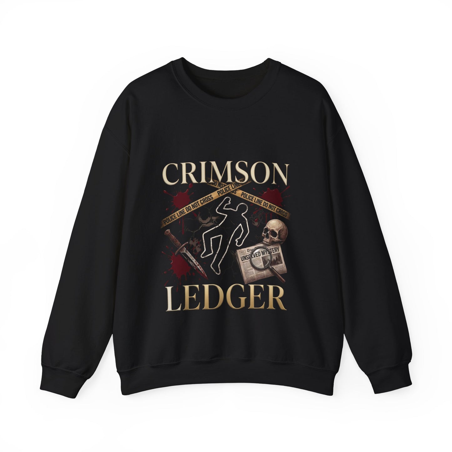 Crimson Ledger sweatshirt | True Crime outline, evidence tape, skull graphic