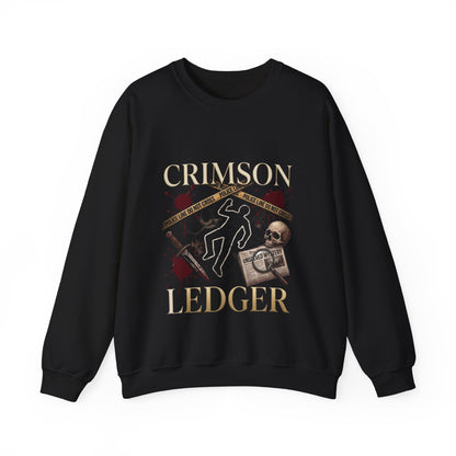 Crimson Ledger sweatshirt | True Crime outline, evidence tape, skull graphic