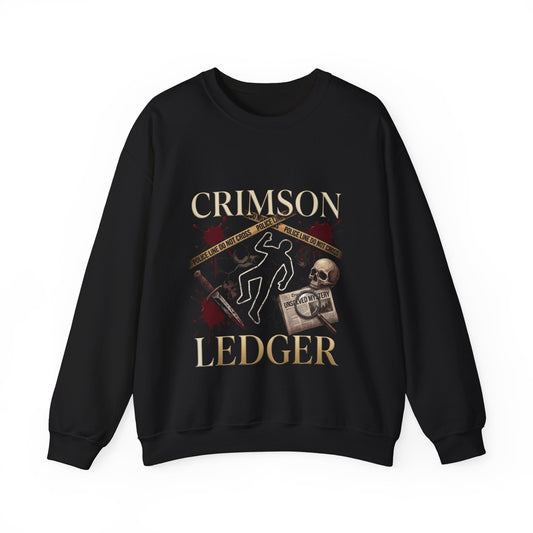 Crimson Ledger sweatshirt | True Crime outline, evidence tape, skull graphic