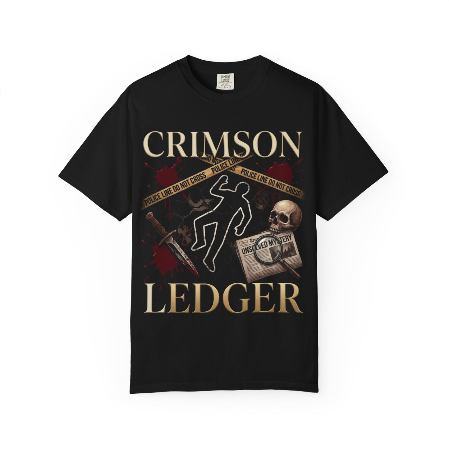 Crimson Ledger graphic T-Shirt | crime scene skull chalk outline, vintage detective theme