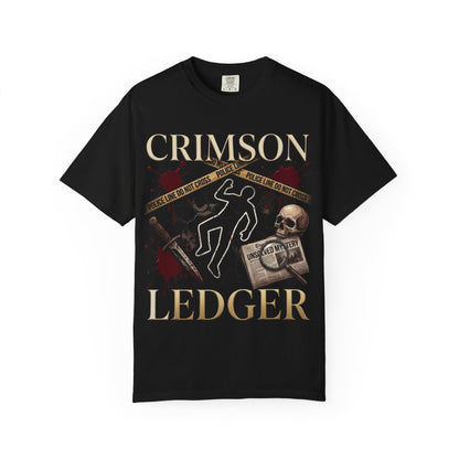 Crimson Ledger graphic T-Shirt | crime scene skull chalk outline, vintage detective theme