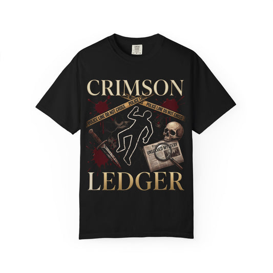 Crimson Ledger graphic T-Shirt | crime scene skull chalk outline, vintage detective theme