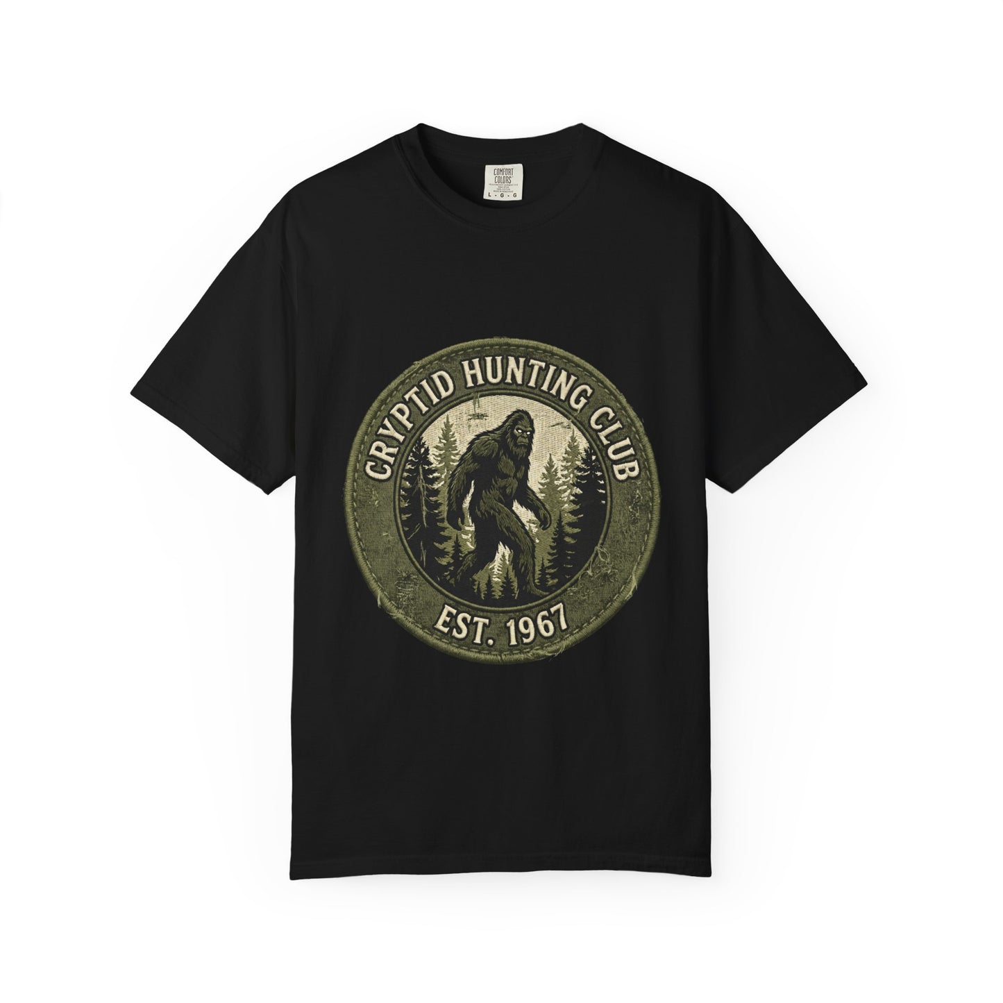 Cryptid Hunting Club Bigfoot Graphic T-Shirt | Vintage Forest Badge