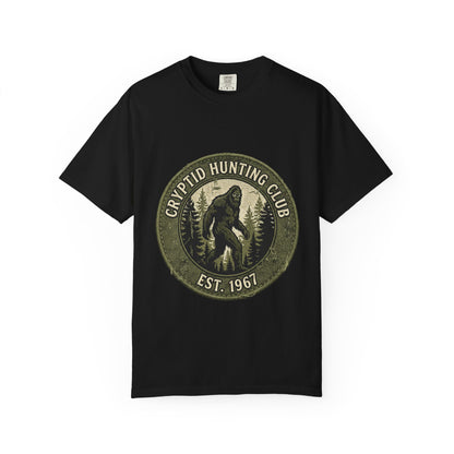 Cryptid Hunting Club Bigfoot Graphic T-Shirt | Vintage Forest Badge