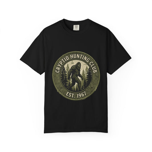 Cryptid Hunting Club Bigfoot Graphic T-Shirt | Vintage Forest Badge