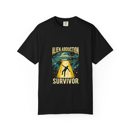Alien Abduction Survivor T-shirt | UFO Beam Graphic, Retro Space Design