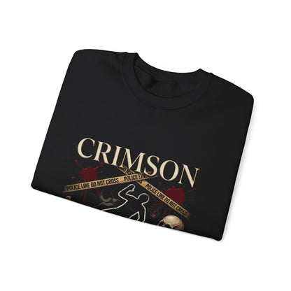 Crimson Ledger sweatshirt | True Crime outline, evidence tape, skull graphic