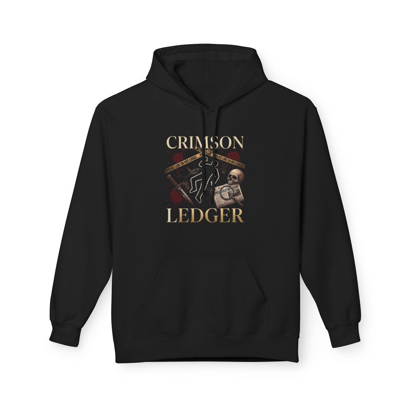 Crimson Ledger Hoodie | Crime Scene Chalk Outline, Skull, Vintage Badge