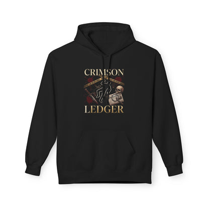 Crimson Ledger Hoodie | Crime Scene Chalk Outline, Skull, Vintage Badge