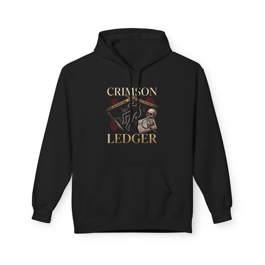 Crimson Ledger Hoodie | Crime Scene Chalk Outline, Skull, Vintage Badge