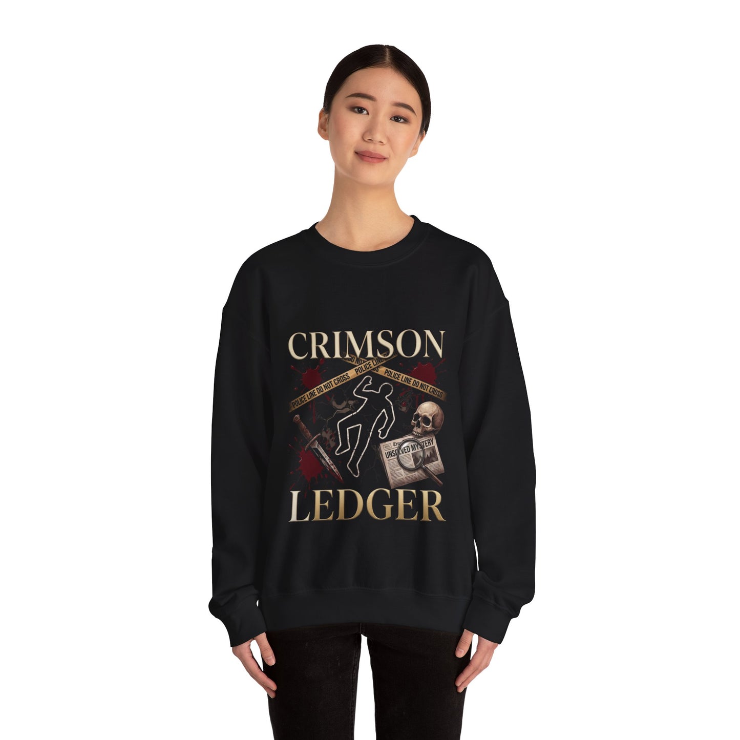 Crimson Ledger sweatshirt | True Crime outline, evidence tape, skull graphic