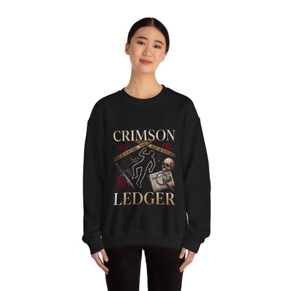 Crimson Ledger sweatshirt | True Crime outline, evidence tape, skull graphic