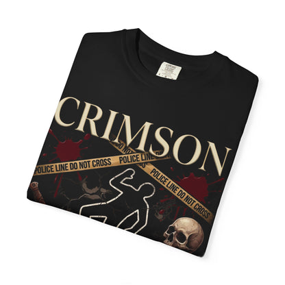 Crimson Ledger graphic T-Shirt | crime scene skull chalk outline, vintage detective theme