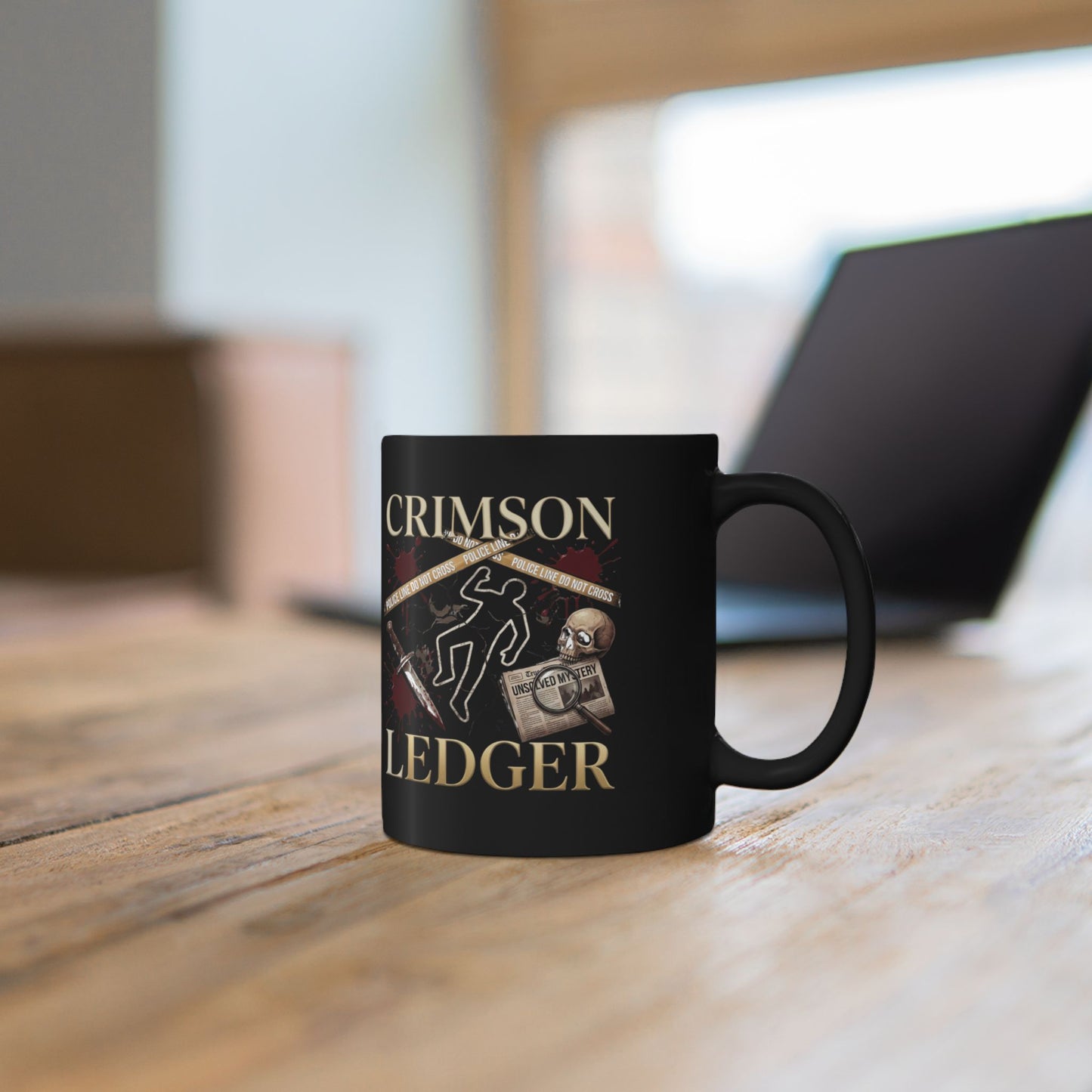 Crimson Ledger crime scene skull newspaper mug