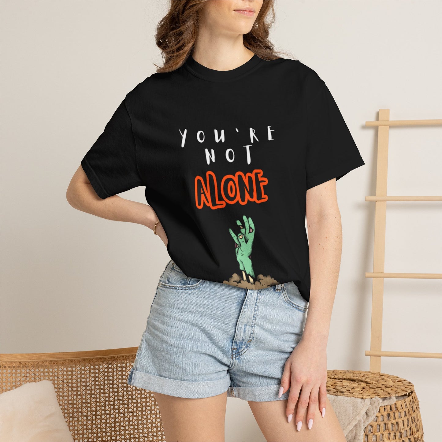 Youre Not Alone zombie hand T-shirt | Halloween spooky undead graphic tee