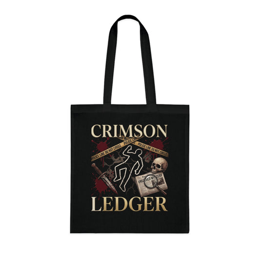 Crimson Ledger Tote | Crime Scene Chalk Outline, Skull & Evidence Design