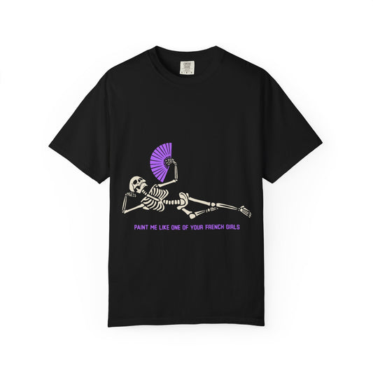 Reclining Skeleton with Fan T-Shirt | Paint Me Like One of Your French Girls