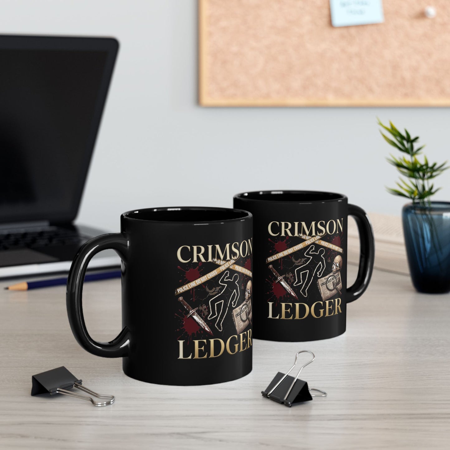 Crimson Ledger crime scene skull newspaper mug