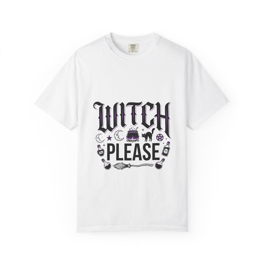 Witch Please T-shirt | Halloween witch hat broom cauldron design